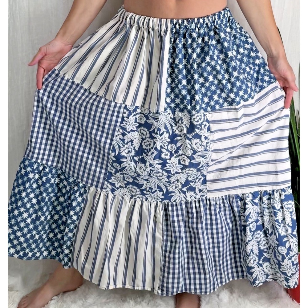 Cotton Patchwork Maxi Skirt L Cottage Boho Country Western Elastic Pockets Blue - Picture 2 of 4
